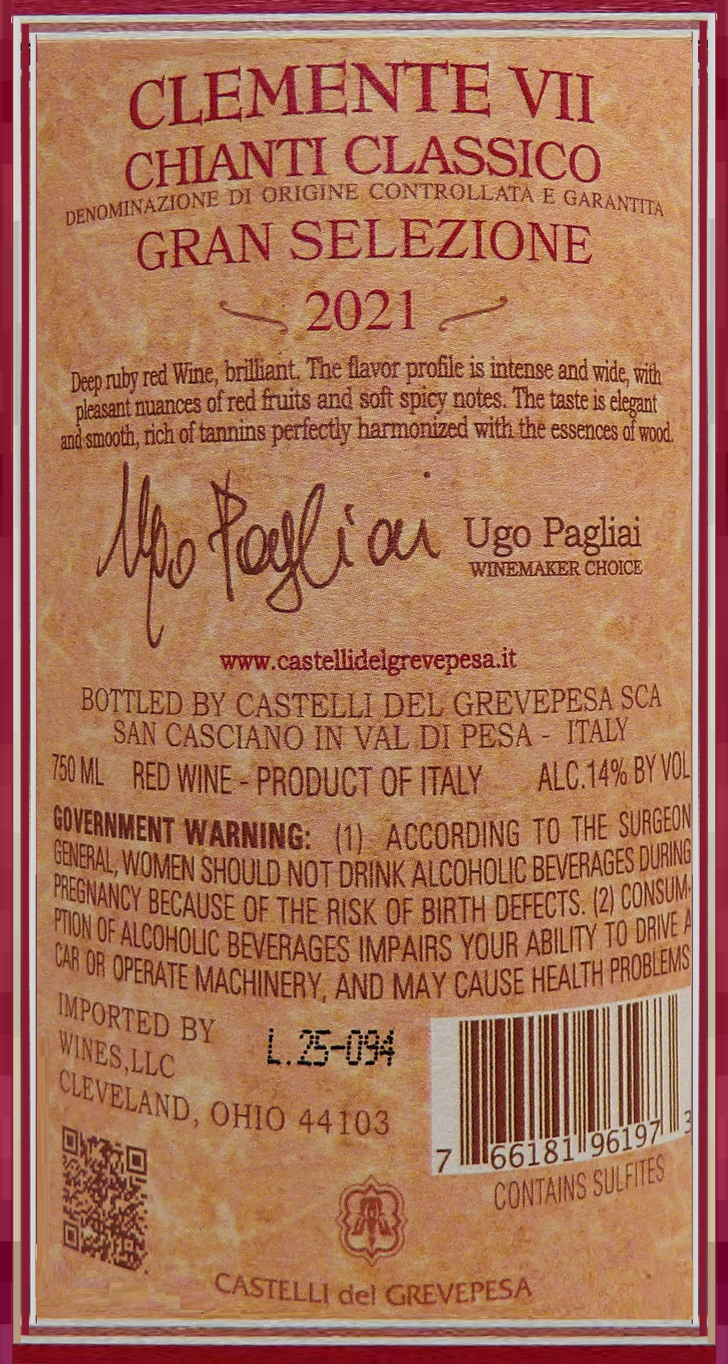 Clemente VII, 2021 Gran Selezione Chianti Classico, 92 Pts JS label
