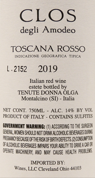 Clos Degli Amodeo, 2019 Super Tuscan by Donna Olga in Tuscany label