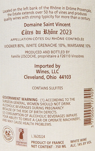 Cote du Rhone Villages Rouge, 2021 by Domaine Saint Vincent, Rhone, France label