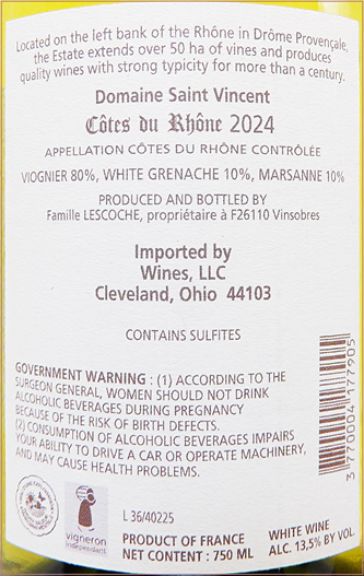 Cotes du Rhone, Blanc, 2024, Domaine Saint Vincent label