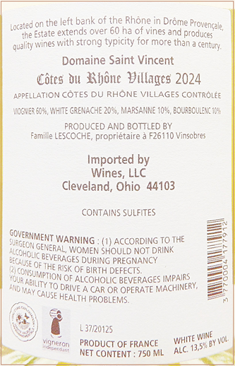 Cotes du Rhone Villages, Blanc, 2024 Domaine Saint Vincent label