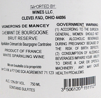 Cremant De Bourgogne, Brut Reserve, by Vignerons De Mancey label