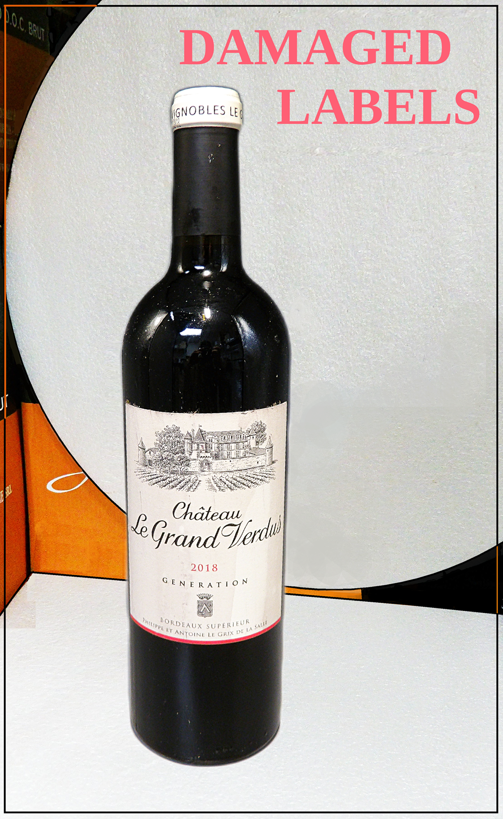 Damaged labels Bordeaux Superieur Generation, 2018 by Château Le Grand Verdus