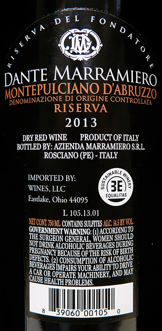 
                      
                        Dante 2013 - Montepulciano d' Abruzzo Riserva by Marramiero winery in Abruzzo label
                      
                    