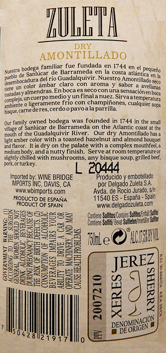 Delgado Dry Amontillado Sherry, Jerez, Xeres, Spain label