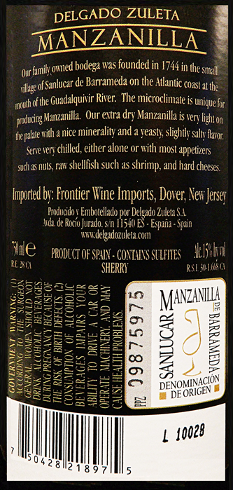 Delgado Manzanilla Sherry, Jerez, Xeres, Spain label