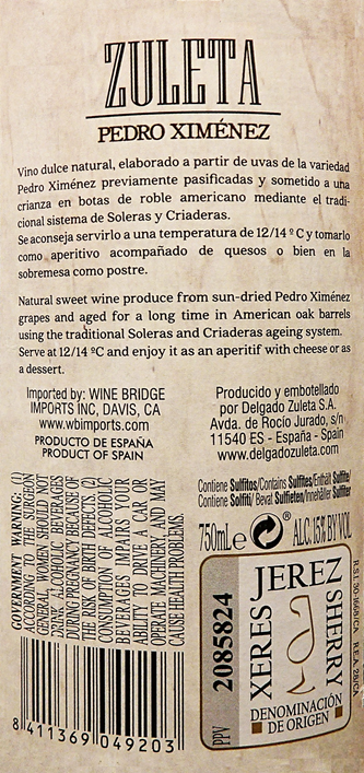 Delgado Pedro Ximenez Sherry, Jerez, Xeres, Spain label