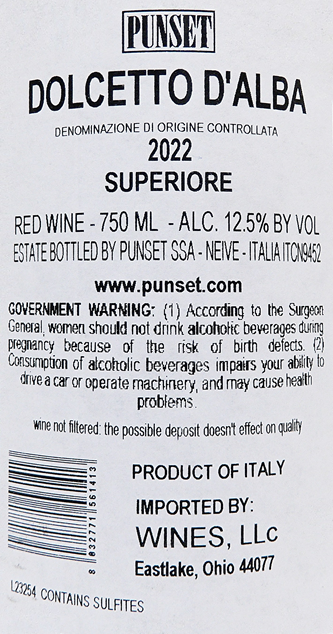 Dolcetto d'Alba 2022 by Punset in Piedmont label