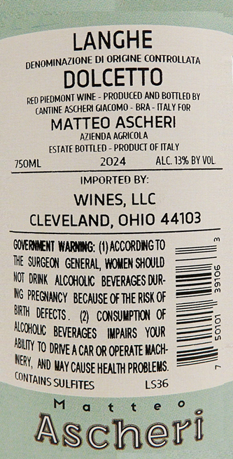 Dolcetto d'Alba Nirane, 2024 By Ascheri in Piedmont Italy label