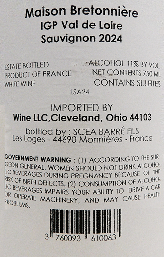 Domaine de la Bretonniere Chardonnay, 2024  IGP Val de Loire, France label