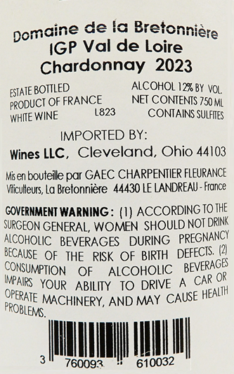 Domaine de la Bretonniere Chardonnay, 2023 IGP Val de Loire, France label