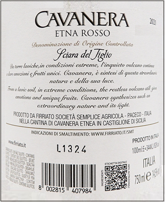 Etna Rosso, 2021 Cavanera  by Firriato, Due Bicchieri Gambero Rosso label
