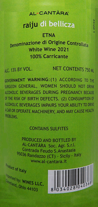 Etna Bianco,2021 Raiju di Bellicza , 13.00% By Al Cantara Winery,Ultra Premium label