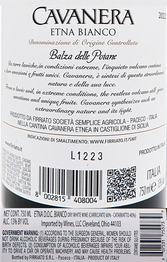 Etna Bianco, 2022 Cavanera  by Firriato, Tre Bicchieri Gambero Rosso label