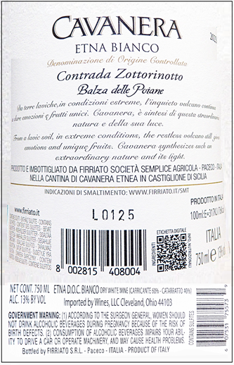 Etna Bianco, 2023 Cavanera  by Firriato, Tre Bicchieri Gambero Rosso label