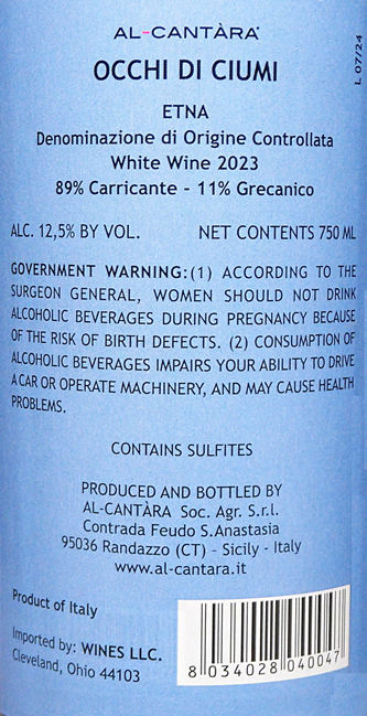 Etna Bianco, 2023, Occhi di Ciumi by Al Cantara Winery, Sicily, Italy label
