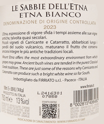 
                      
                        Etna Bianco DOC 2023 Le Sabbie Dell' Etna by Firriato label
                      
                    