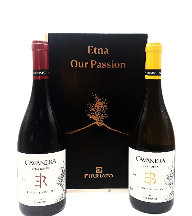 Etna Bianco and Etna Rosso Cavanera's in a wooden Box by Firriato in Sicily, Italy