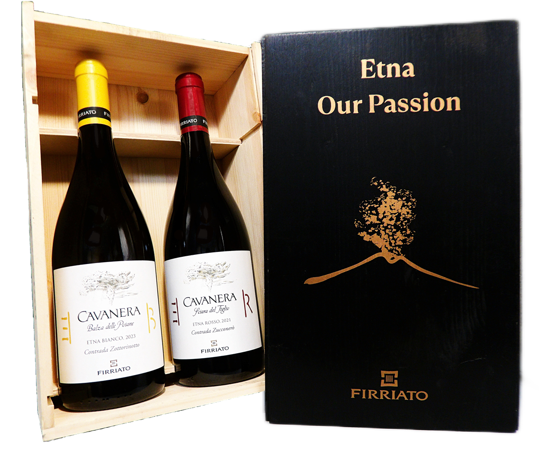 Etna Bianco and Etna Rosso Cavanera's in a wooden Box by Firriato in Sicily, Italy