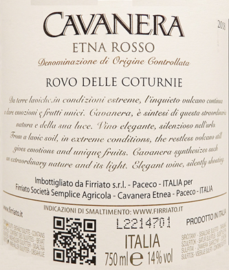 Etna Rosso, 2018 Cavanera  by Firriato,  Due Bicchieri Gambero Rosso label