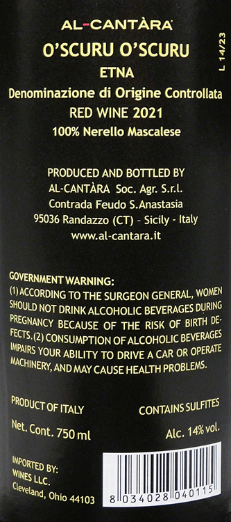 Etna Rosso, 2021 O'Scuru O’Scuru by Al Cantara Winery, Sicily, Italy label