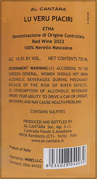 Etna Rosso, 2023 Lu Veru Piaciri by the Al Cantara Winery, Sicily, Italy label
