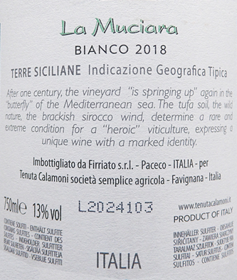 Favinia Bianco, 2018 La Muciara By Firriato Winery in Sicily label