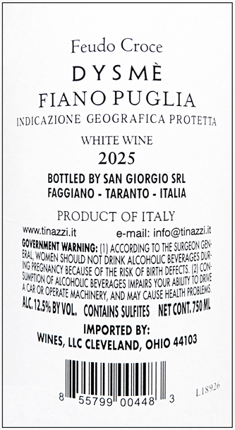 Fiano Puglia, 2025, Dysme, by San Giorgio by Tinazzi in Puglia label
