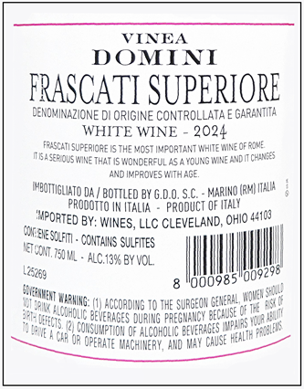 Frascati Superiore DOCG, 2024 by Vinea Domini Gotto d'oro Due Bicchieri label