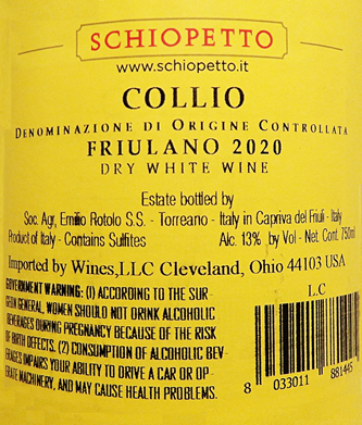 Friulano, 2020 by Schiopetto, In Collio , Tre Bicchiere - Gambero Rosso label