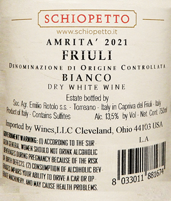 Friulano, Schiopetto, Amrita' 2021, Denominazione Di Origine Controllata, Bianco label