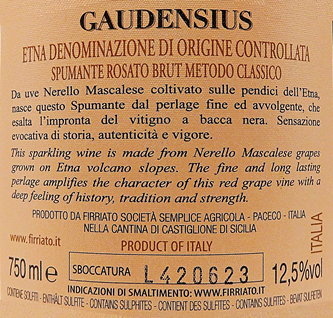 Gaudensius Rose' Etna D.O.C. Brut Champagne Method by Firriato, Sicily, Italy label