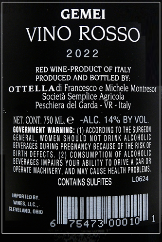 Gemei, 2022 , Red Blend by Ottella in Lombardia Italy label
