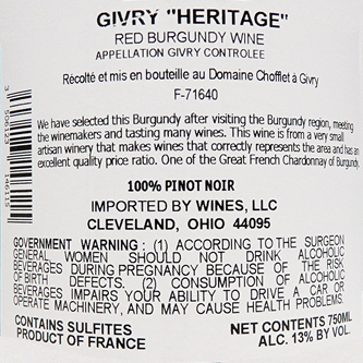 Givry Rouge 2022 Heritage by Domaine Chofflet, Burgundy, France label