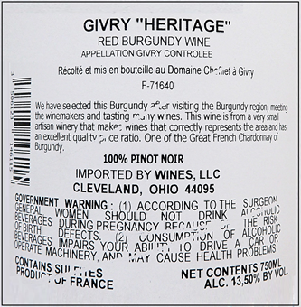 Givry Rouge 2023 Heritage by Domaine Chofflet, Burgundy, France label