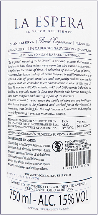 Grand Reserva Blend, 2020, Finest Expression, by La Espera Mendoza Argentina label