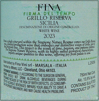 Grillo Riserva, 2023 DOC Firma del Tempo by Fina Winery label