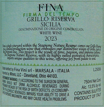 Grillo Riserva, 2023 Firma del Tempo by Al Cantara Winery, Sicily, Italy label