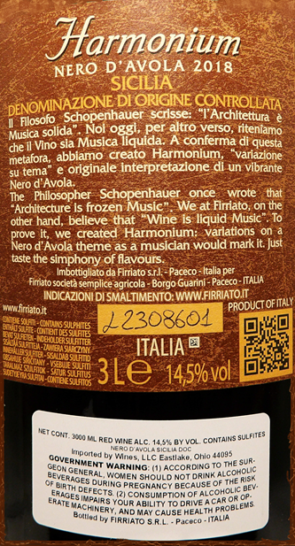 Harmonium, 2018 Nero d'Avola by Firriato in Sicily 3.0 liter label