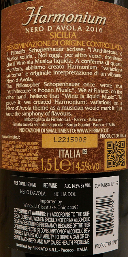 Harmonium, 2019 Nero d'Avola by Firriato in Sicily label