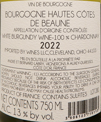 Hautes Cotes De Beaune Blanc, 2022 by Domaine Labry label