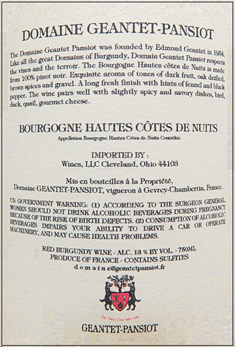Hautes Cotes De Nuits Rouge, 2022 by Geantet Pansiot label