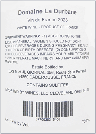 Hedoniste White, 2023 by Domaine La Durbane, Rhone, France label