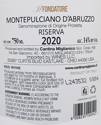 Il Fondatore, 2020 Reserva Montepulciano d'Abruzzo by Miglianico label