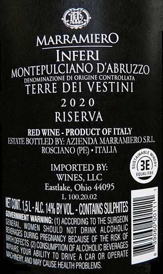 Inferi 2020 - Montepulciano d' Abruzzo Riserva by Marramiero winery - Magnum label