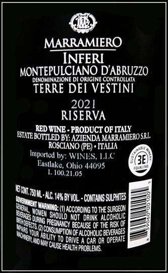 Inferi, 2021 Montepulciano d'Abruzzo Riserva by Marramiero, Abruzzo, Italy label