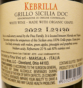 Kebrilla Grillo 2022 by The Fina Winery lable