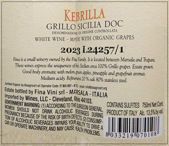 Kebrilla Grillo 2023 by The Fina Winery label