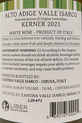 Kerner, 2021 Cantina Valle Isarco, Alto Adige Italy label