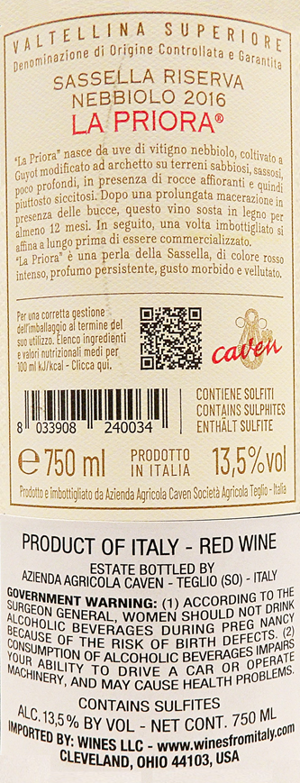 La Priora Valtellina Superiore Sassella Riserva 2016 by Caven in Lombaria label